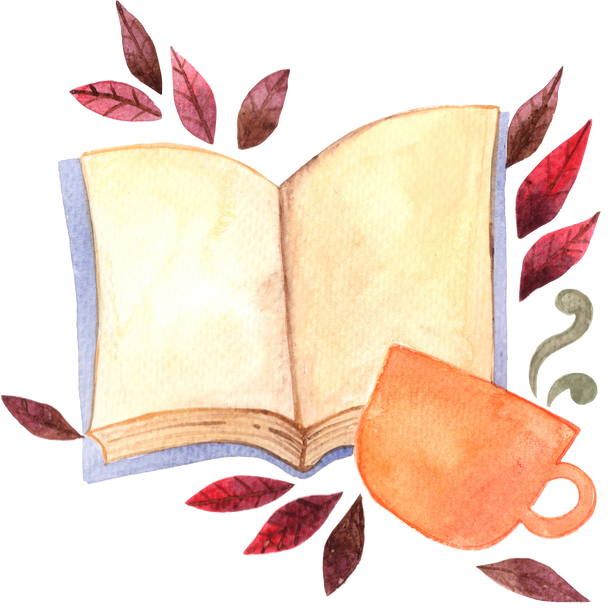 mythic book, cup and fall leaves watercolor illustration.